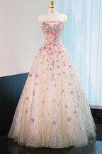 Beautiful Pink Beaded Flowers A-Line Strapless Long Prom Dresses Gorgeous Formal Evening Dresses