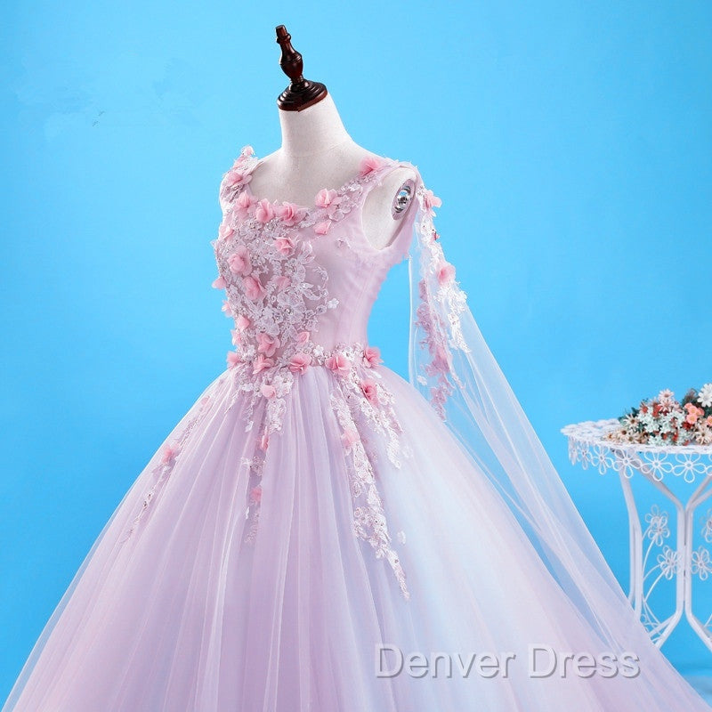 Beautiful Pink Flowers Long Prom Dress, Pink Sweet 16 Gowns Prom Dresses