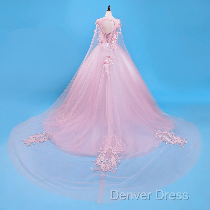Beautiful Pink Flowers Long Prom Dress, Pink Sweet 16 Gowns Prom Dresses