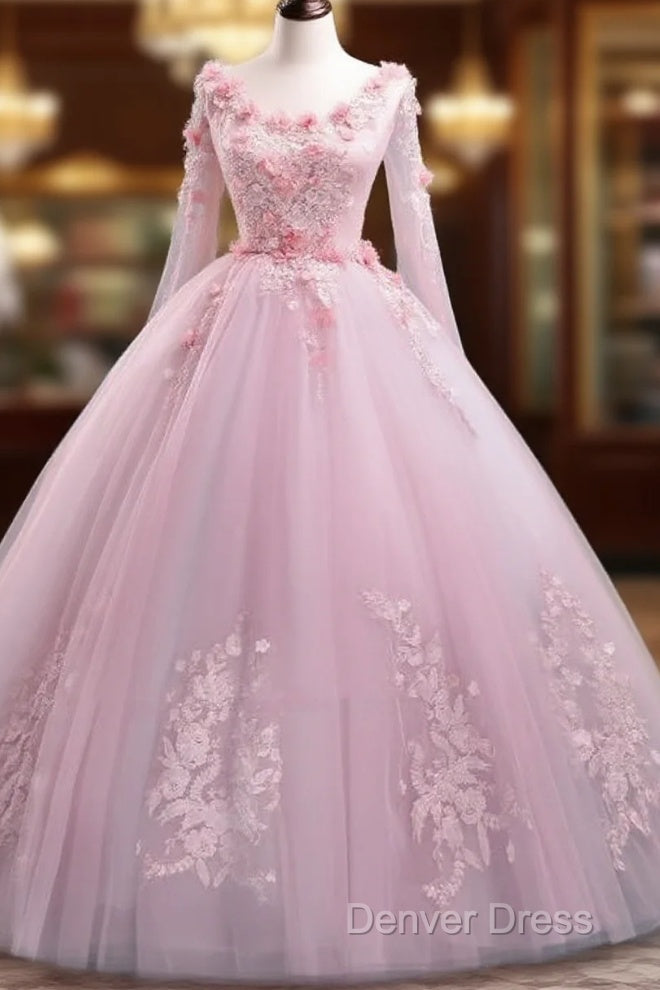 Beautiful Pink Flowers Long Formal Dresses, Pink Sweet 16 Gown Party Dresses Main image