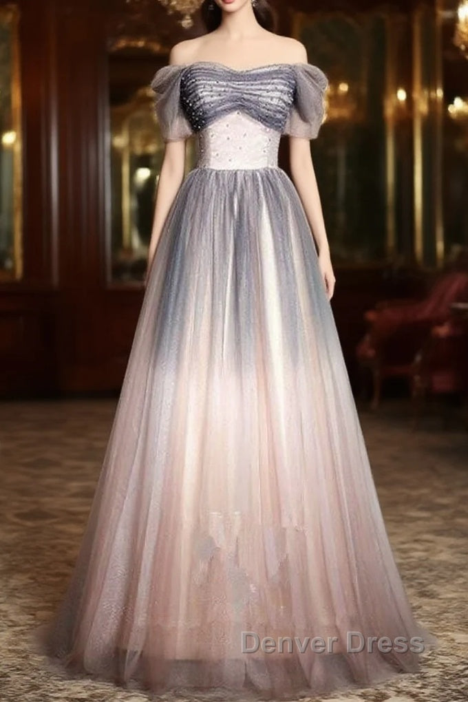 Beautiful Pink Gradient Beaded Sweetheart Long Prom Dresses, Tulle Evening Dresses Main image