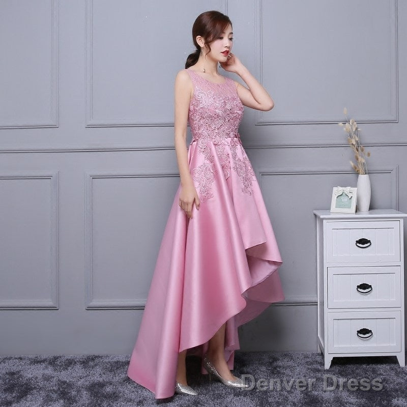 Beautiful Pink High Low Satin And Lace Homecoming Dress, Cute Short Prom Dress Secondary image