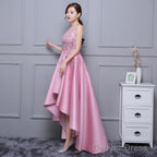 Beautiful Pink High Low Satin And Lace Homecoming Dress, Cute Short Prom Dress