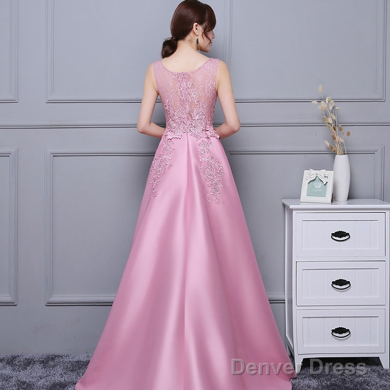 Beautiful Pink High Low Satin And Lace Homecoming Dress, Cute Short Prom Dresses