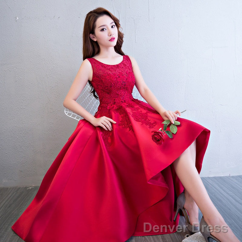Beautiful Pink High Low Satin And Lace Homecoming Dress, Cute Short Prom Dresses