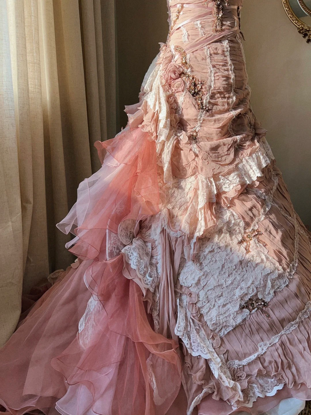 Beautiful Pink Rose Slim Skirt Pleated French Lace Mermaid Wedding Dresses