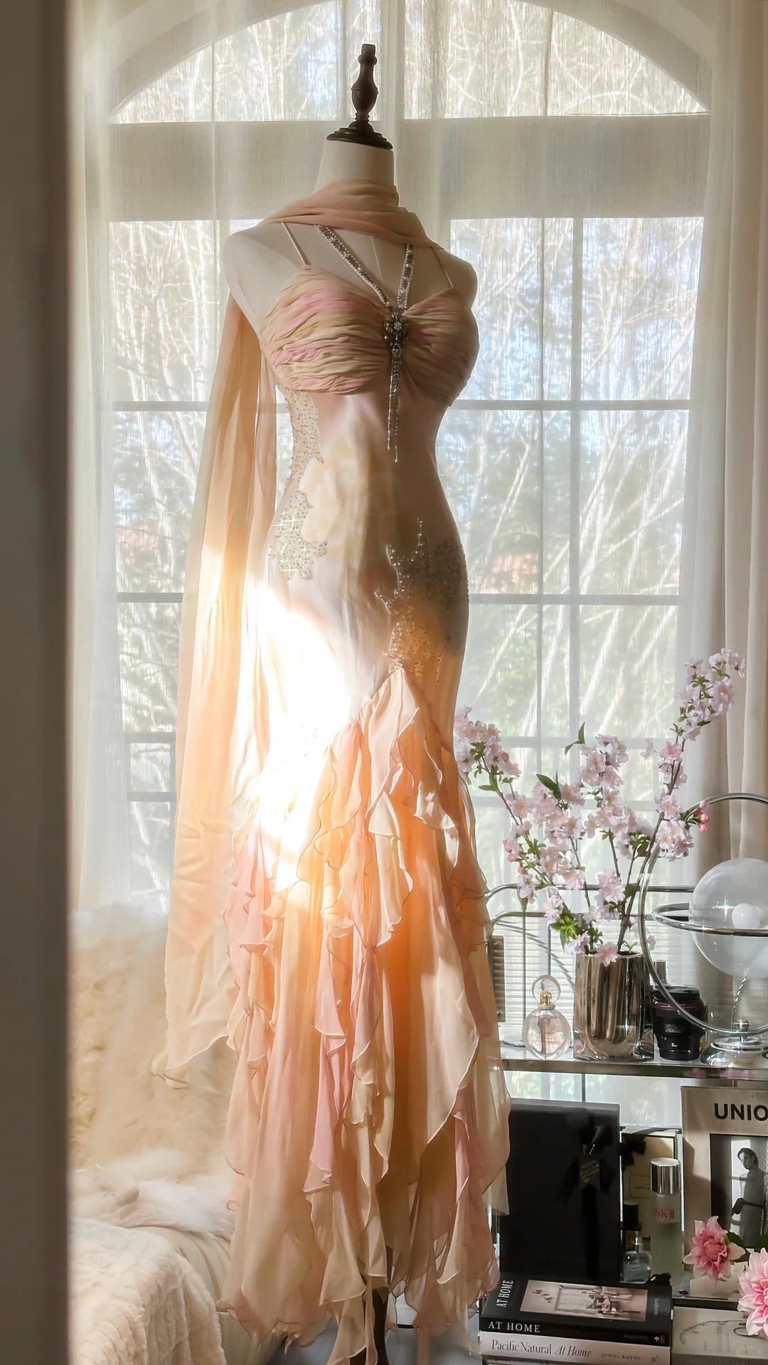 Beautiful Pink Strap Chiffon Irregular Skirt Long Prom Dress