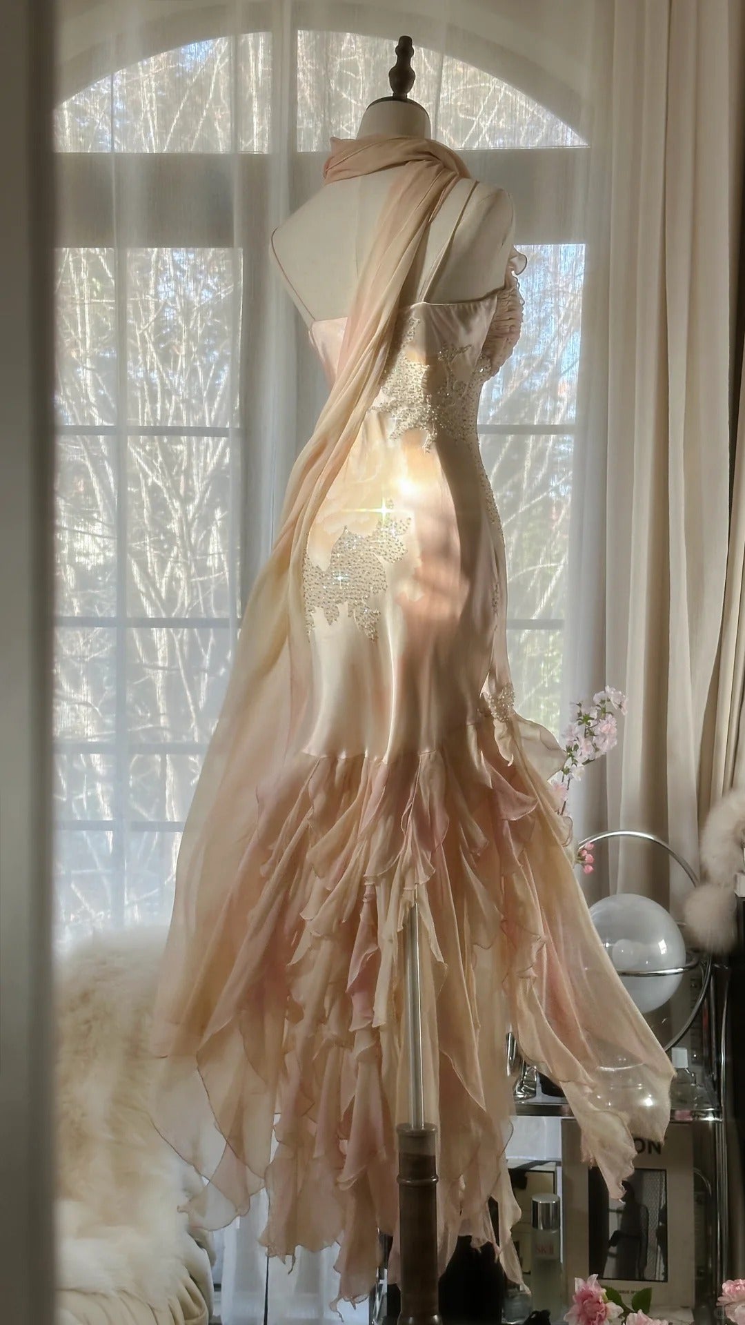 Beautiful Pink Strap Chiffon Irregular Skirt Long Prom Dress
