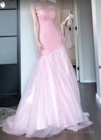 Beautiful Pink Strapless A Line Tulle Sequined Long Ball Dress Birthday Prom Dresses