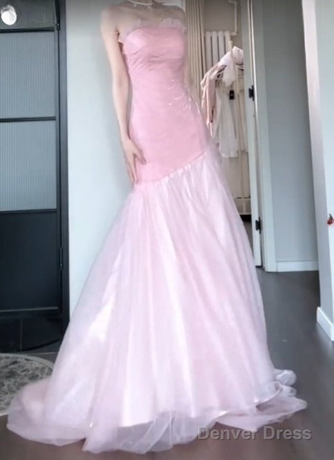 Beautiful Pink Strapless A Line Tulle Sequined Long Ball Dress Birthday Prom Dresses