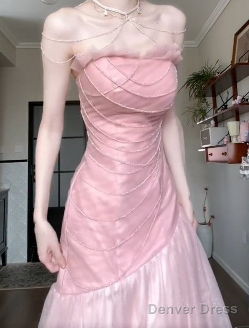 Beautiful Pink Strapless A Line Tulle Sequined Long Ball Dress Birthday Prom Dresses