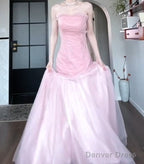 Beautiful Pink Strapless A Line Tulle Sequined Long Ball Dress Birthday Prom Dresses