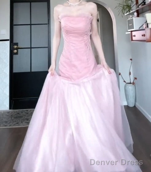 Beautiful Pink Strapless A Line Tulle Sequined Long Ball Dress Birthday Prom Dresses