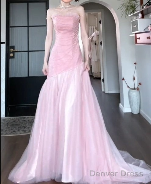 Beautiful Pink Strapless A Line Tulle Sequined Long Ball Dress Birthday Prom Dresses