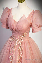 Beautiful Pink Tulle Floor Length Prom Dress, Cute Short Sleeve Evening Dress