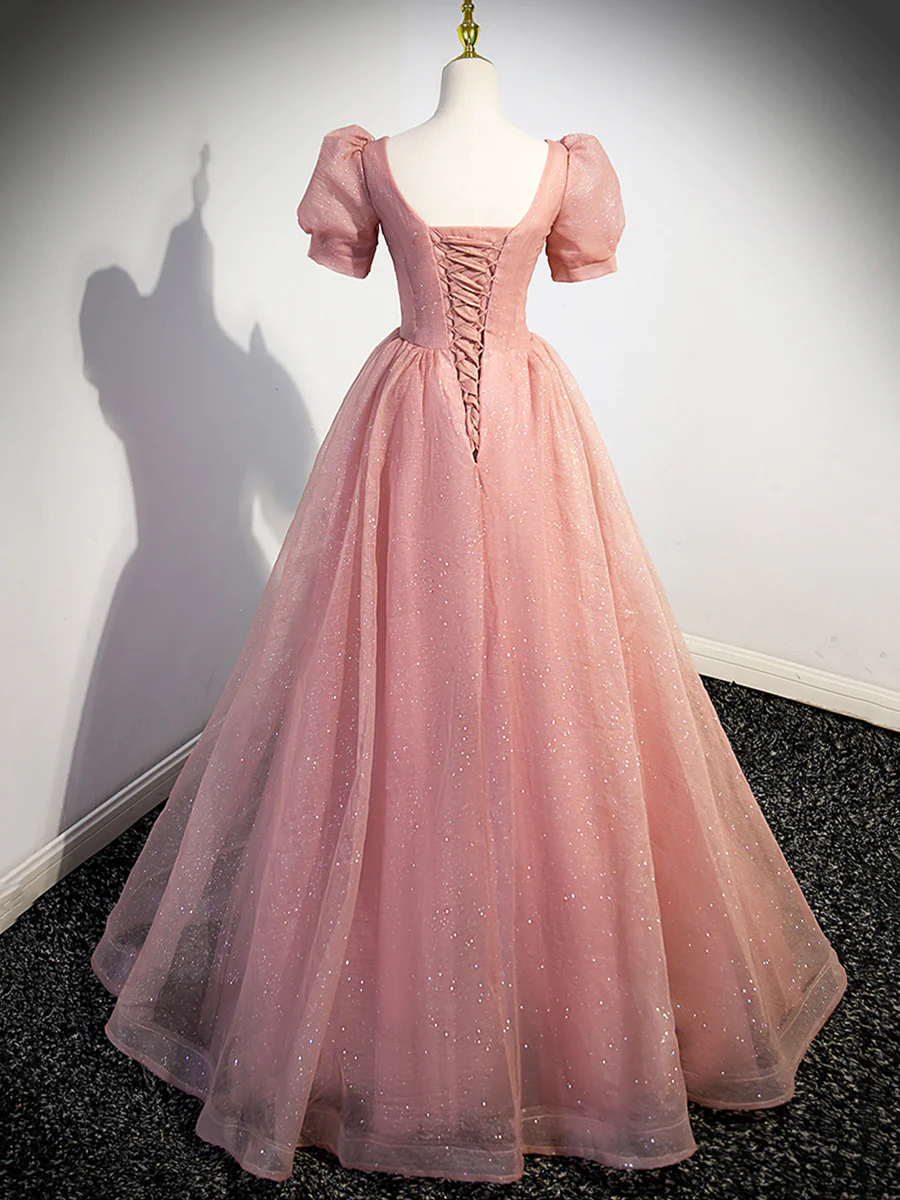Beautiful Pink Tulle Floor Length Prom Dress with Short Sleeve
