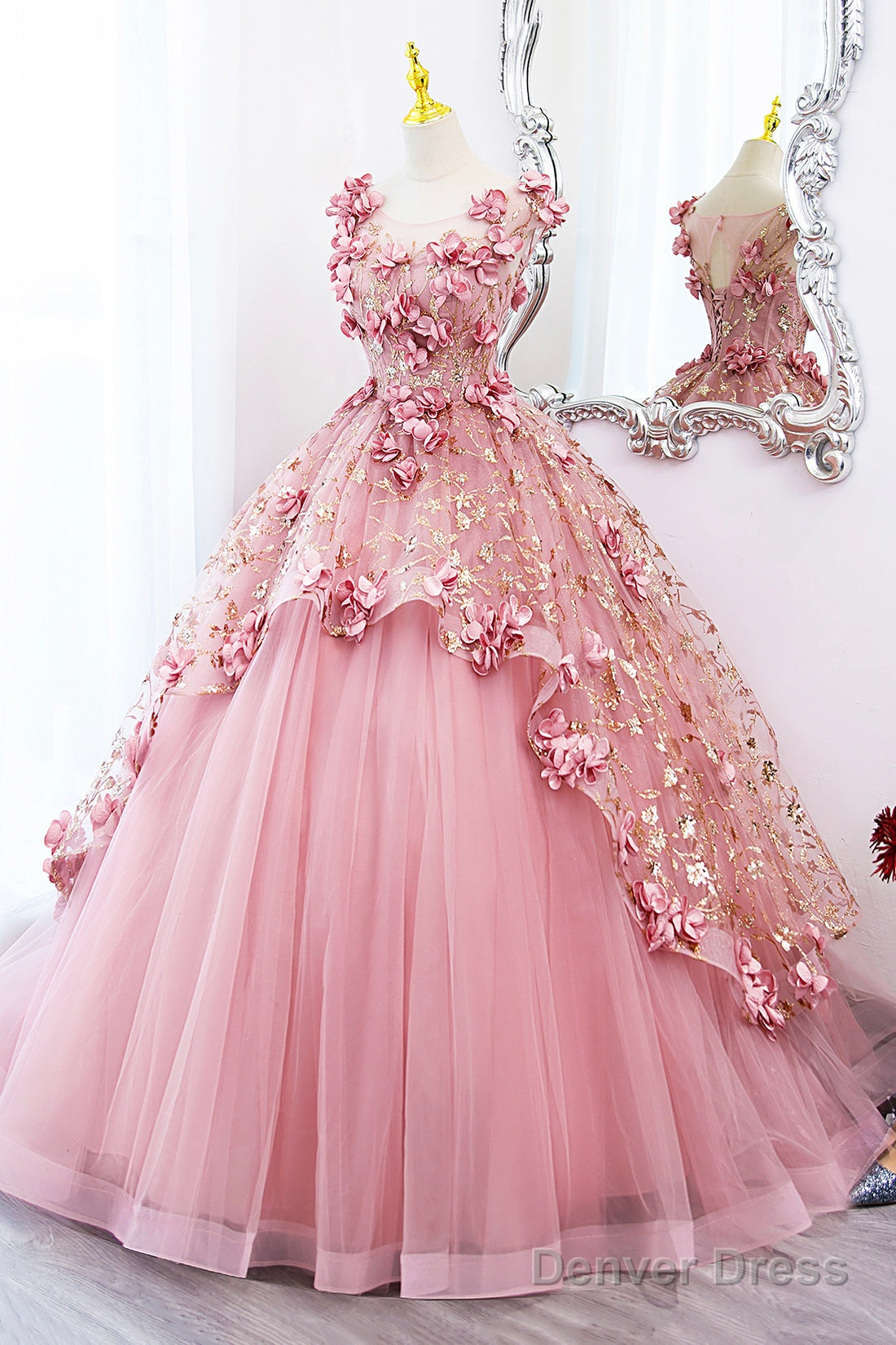 Beautiful Pink Tulle Long Prom Dress With Flowers, Lovely Tulle Sweet 16 Dress Secondary image