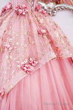 Beautiful Pink Tulle Long Prom Dress With Flowers, Lovely Tulle Sweet 16 Dress
