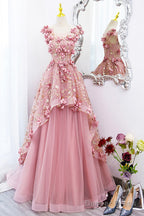 Beautiful Pink Tulle Long Prom Dress With Flowers, Lovely Tulle Sweet 16 Dress