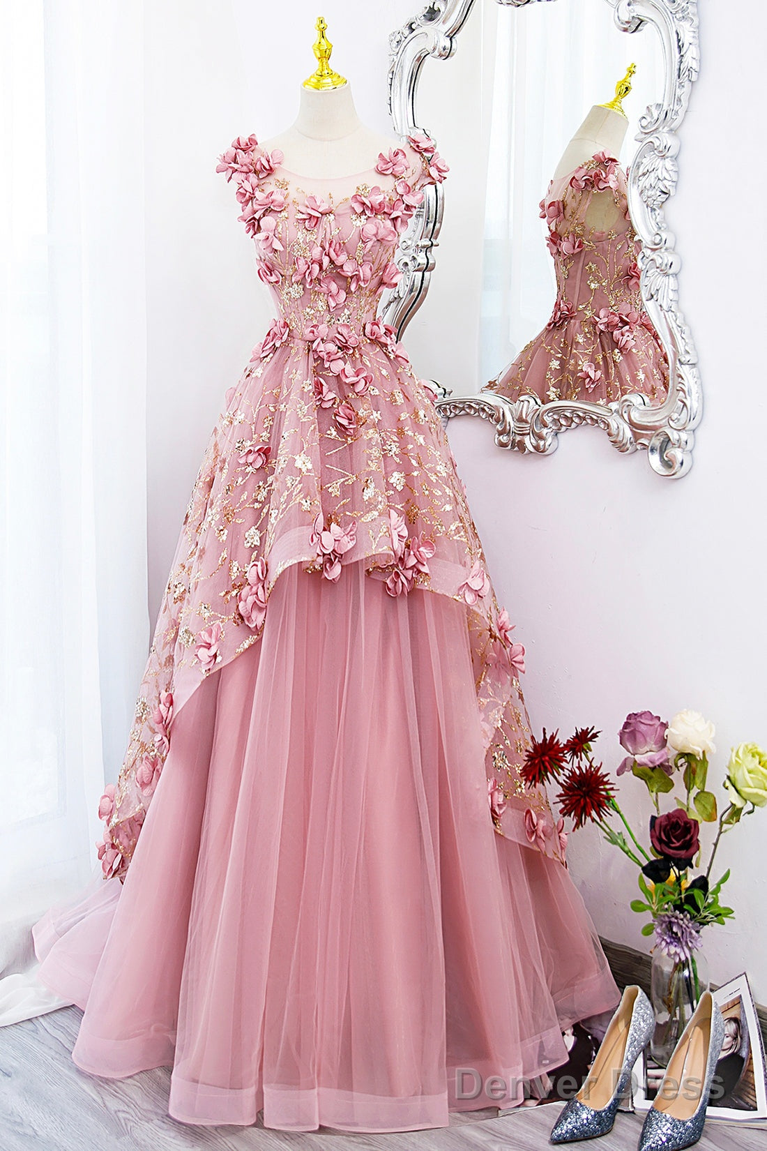Beautiful Pink Tulle Long Prom Dress With Flowers, Lovely Tulle Sweet 16 Dress