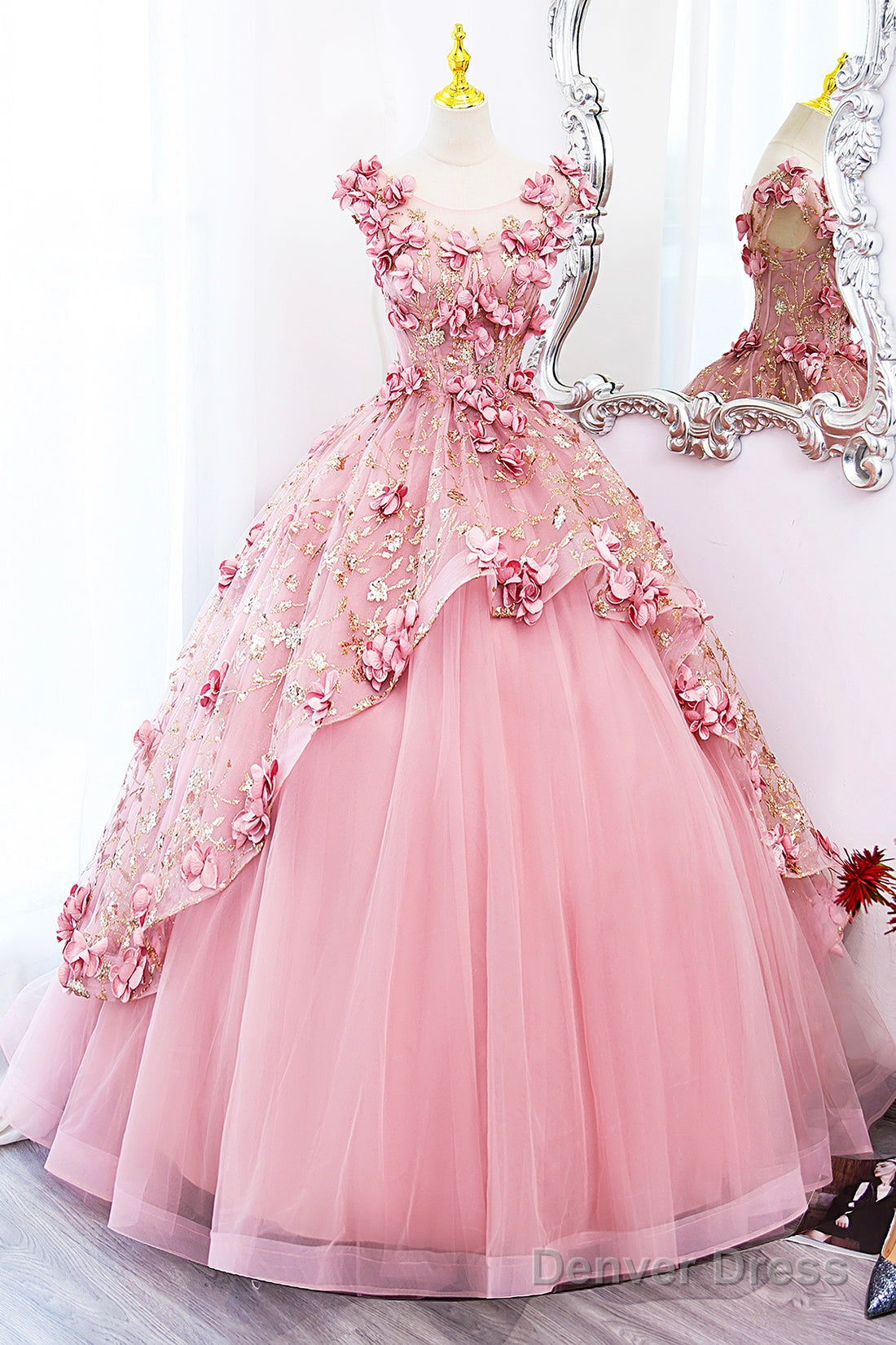 Beautiful Pink Tulle Long Prom Dress With Flowers, Lovely Tulle Sweet 16 Dress Main image