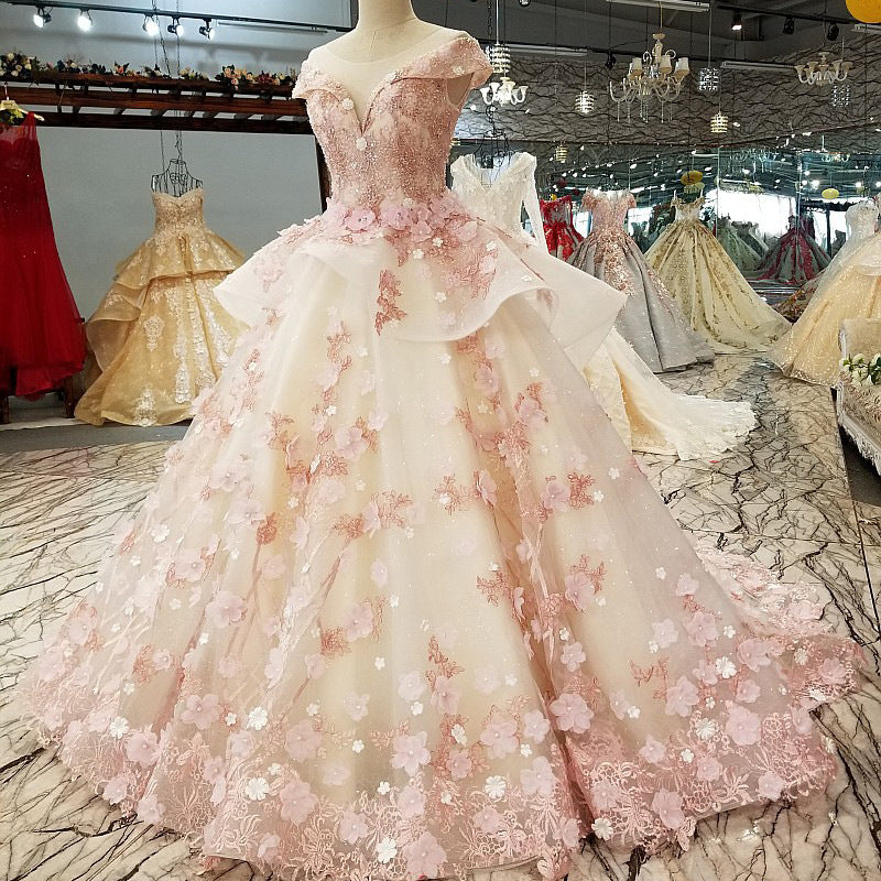 Beautiful Pink Tulle With Flowers And Beaded Long Prom Dresses, Pink Sweet 16 Gowns Secondary image