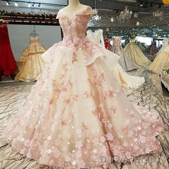 Beautiful Pink Tulle With Flowers And Beaded Long Party Dress, Pink Sweet 16 Gown