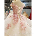 Beautiful Pink Tulle With Flowers And Beaded Long Party Dresses, Pink Sweet 16 Gown