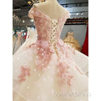 Beautiful Pink Tulle With Flowers And Beaded Long Prom Dresses, Pink Sweet 16 Gowns