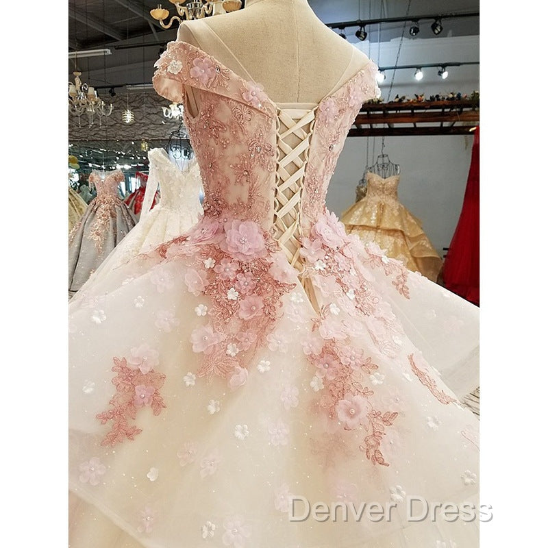 Beautiful Pink Tulle With Flowers And Beaded Long Prom Dresses, Pink Sweet 16 Gowns
