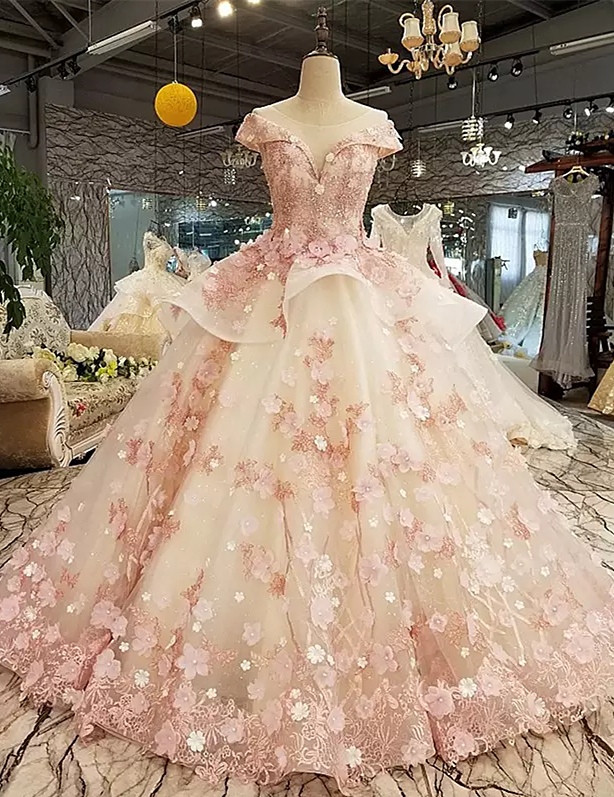 Beautiful Pink Tulle With Flowers And Beaded Long Prom Dresses, Pink Sweet 16 Gowns Main image
