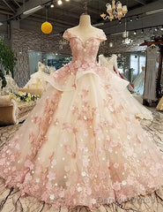 Beautiful Pink Tulle With Flowers And Beaded Long Party Dress, Pink Sweet 16 Gown