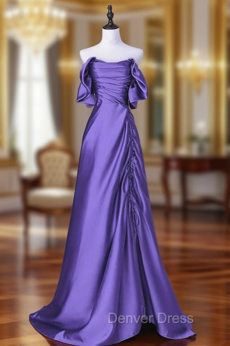 Beautiful Purple Satin Off Shoulder Formal Dresses, Purple Satin Evening Dresses Prom Dresses