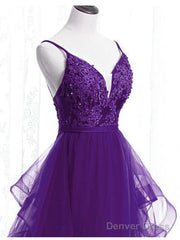 Beautiful Purple Tulle Layers With Lace Long Evening Dresses, Purple Prom Dress Party Dresses