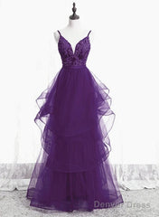 Beautiful Purple Tulle Layers With Lace Long Evening Dresses, Purple Prom Dress Party Dresses