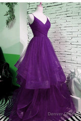 Beautiful Purple V-Neckline Straps Layers Tulle Party Gown, Purple Evening Dress