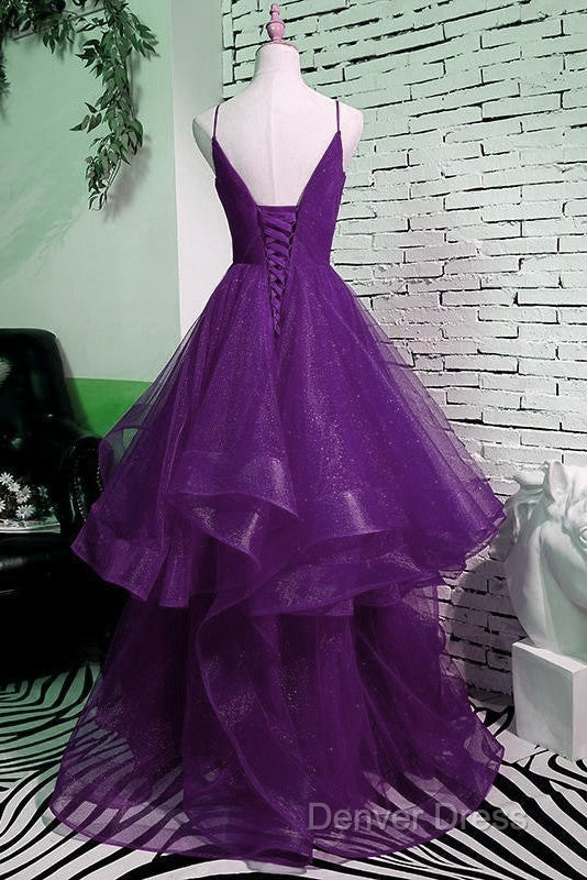 Beautiful Purple V-Neckline Straps Layers Tulle Party Gown, Purple Evening Dresses