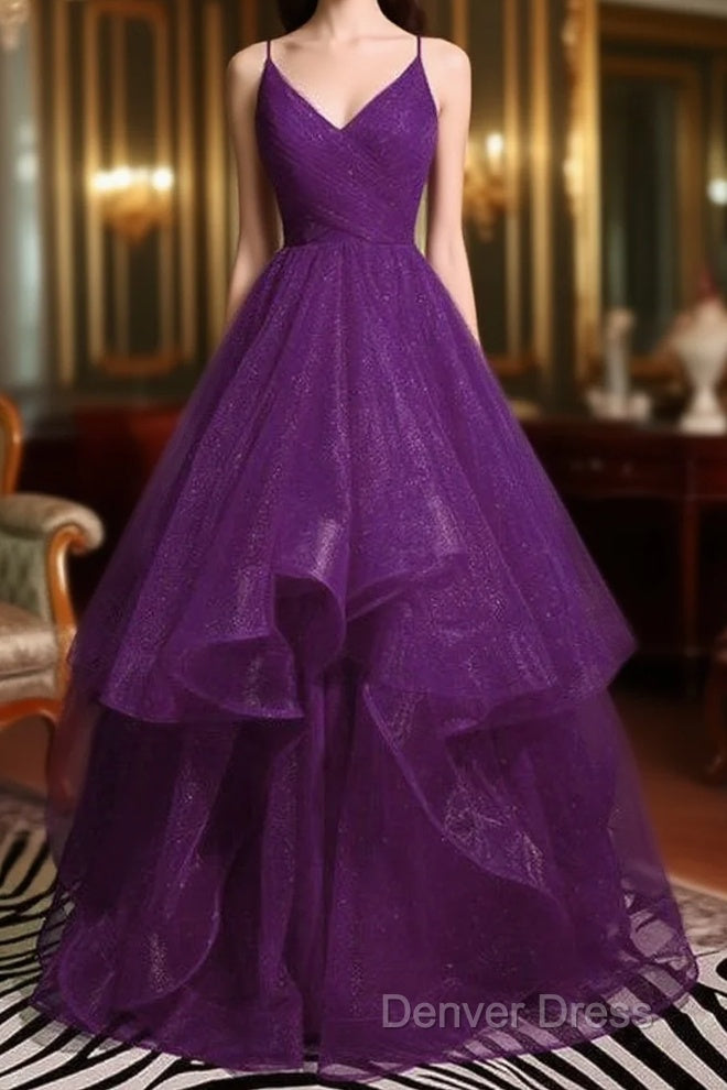 Beautiful Purple V-Neckline Straps Layers Tulle Party Gown, Purple Evening Dresses Main image