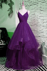 Beautiful Purple V-Neckline Straps Layers Tulle Party Gown, Purple Evening Dress