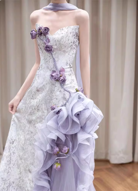 Beautiful Purple-White Gradient Strapless 3D Floral Tulle Satin Long Prom Dresses Evening Dresses
