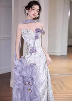 Beautiful Purple-White Gradient Strapless 3D Floral Tulle Satin Long Prom Dresses Evening Dresses