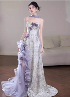 Beautiful Purple-White Gradient Strapless 3D Floral Tulle Satin Long Prom Dresses Evening Dresses