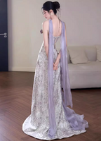 Beautiful Purple-White Gradient Strapless 3D Floral Tulle Satin Long Prom Dresses Evening Dresses
