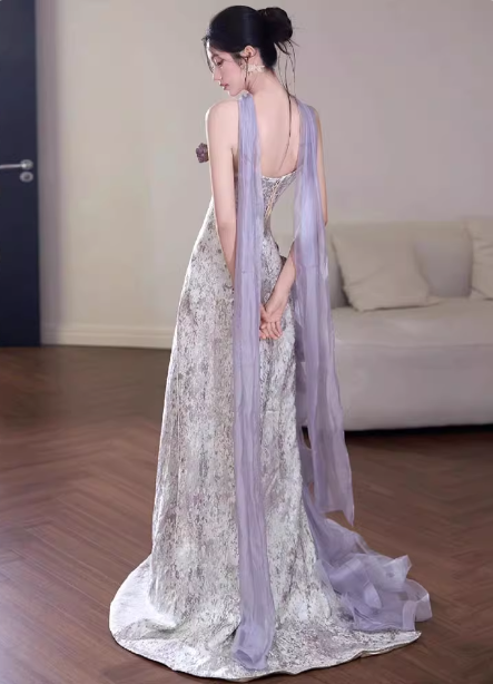 Beautiful Purple-White Gradient Strapless 3D Floral Tulle Satin Long Prom Dresses Evening Dresses