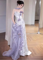 Beautiful Purple-White Gradient Strapless 3D Floral Tulle Satin Long Prom Dresses Evening Dresses