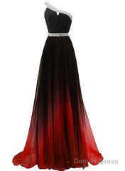 Beautiful Red And Black Long Party Dress, Gradient One Shoulder Prom Dress