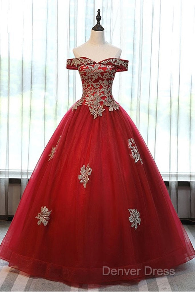 Beautiful Red Off Shoulder Long Sweet 16 Dress With Gold Lace Top, Prom Dresses