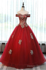 Beautiful Red Off Shoulder Long Sweet 16 Dress With Gold Lace Top, Party Dresses