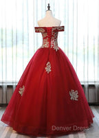 Beautiful Red Off Shoulder Long Sweet 16 Dress With Gold Lace Top, Prom Dresses
