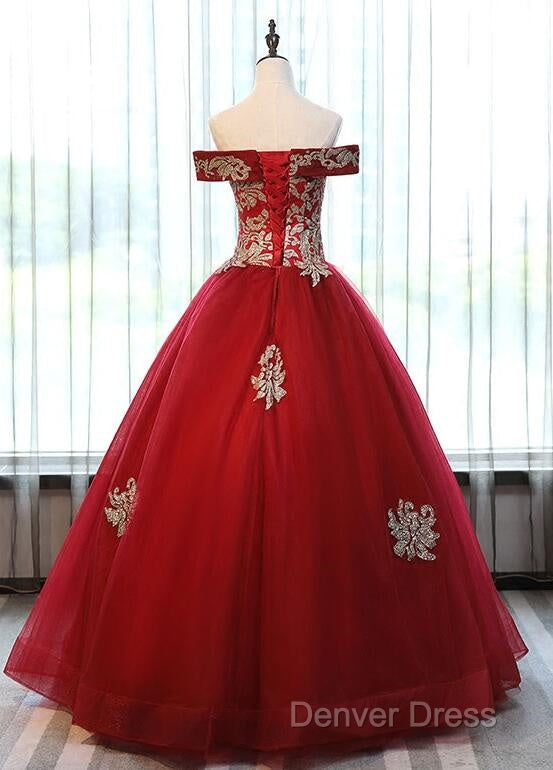 Beautiful Red Off Shoulder Long Sweet 16 Dress With Gold Lace Top, Prom Dresses